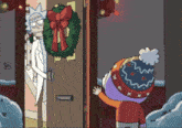a cartoon of rick and morty standing in a doorway with a wreath on it