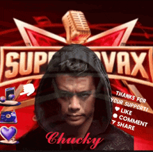 a man in a hooded jacket is standing in front of a super vax logo