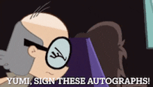a cartoon character is reading a book and says yumi sign these autographs .