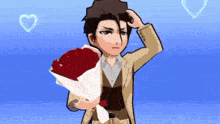 a man in a suit is holding a bouquet of roses