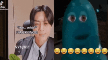 a man in a suit and tie is talking to a cartoon character .