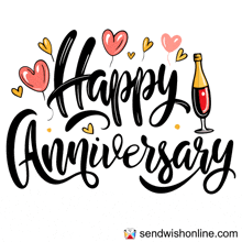 the words happy anniversary are surrounded by balloons and a bottle of wine