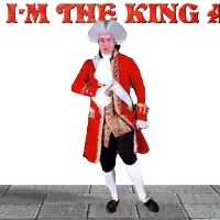 a man in a red coat and white hat dancing with the words body likes me behind him