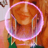 a woman 's face is surrounded by a purple circle with a butterfly on the wall behind her