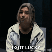 a man in a white jacket says i got lucky netflix