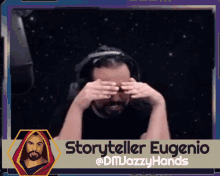 a picture of a man covering his eyes and the name storyteller eugenio