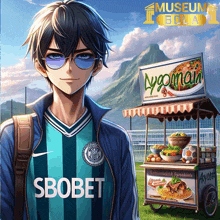 a boy wearing a sbobet jersey stands in front of a spaghetti cart