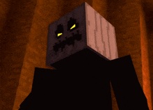 a minecraft character has a pumpkin head and yellow eyes
