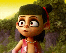 a close up of a cartoon character with big eyes and a bun