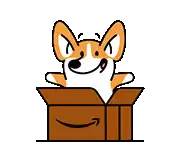 a corgi dog is sitting in a brown box with its paws in the air .