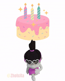 a cartoon of a girl wearing sunglasses and a pink dress standing in front of a birthday cake