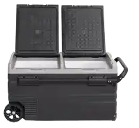 a black cooler with wheels and two lids