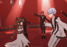 a group of anime characters are dancing in front of a red background