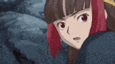 a close up of a anime character with yellow hair and red eyes
