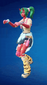 a girl with green hair and red skin is dancing