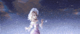 a girl in a pink dress is standing in a cloudy sky