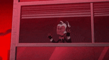 a cartoon character is looking out of a window in a building .