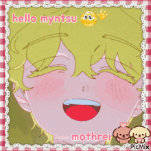 a picture of a girl with a smiley face and the words hello myntsu