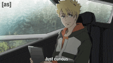 a cartoon of a boy sitting in a car with the words just curious above him