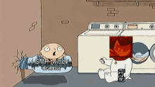 a cartoon of a baby sitting next to a washing machine with the caption smp twitter drama on it .