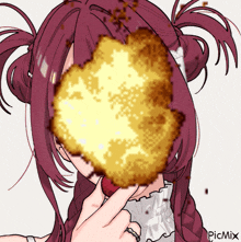 a drawing of a girl with a huge explosion in front of her face with picmix written on the bottom