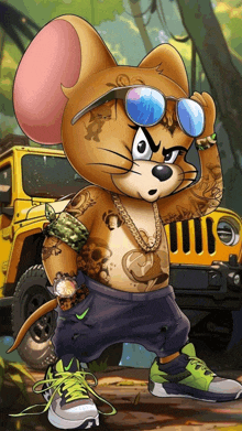 a cartoon mouse wearing sunglasses and a bandana is standing in front of a yellow jeep