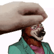 a hand is putting a hat on the head of a furry man