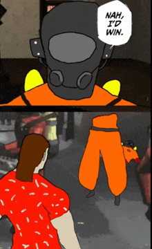 a cartoon of a man in a gas mask saying nah i d win