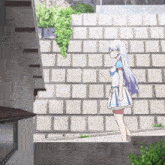 a girl with long white hair is walking down a set of steps