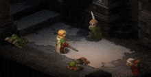 a cartoon character with a sword and shield fighting another character