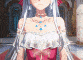 a woman with long white hair wearing a necklace with blue stones