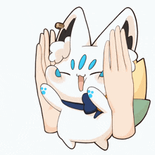 a cartoon drawing of a cat with blue spots on its paws