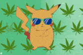 a pikachu wearing sunglasses stands in front of a marijuana leaf background