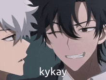 a couple of anime characters are standing next to each other and one of them is saying kykay .