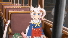a girl with a cat 's ears and tail is standing in front of a sign that says funta7 on it