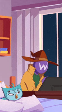 a cartoon drawing of a person wearing a witch hat with the letter w on it