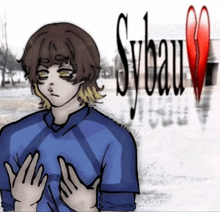 a drawing of a boy in a blue shirt with sybaum written on the bottom