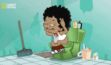 a cartoon of a man sitting on a toilet with a bottle of fart spray on the wall