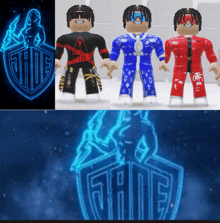 three toy figures are standing next to each other in front of a logo for jade