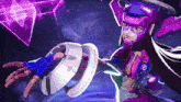 a woman in a futuristic outfit with a purple helmet