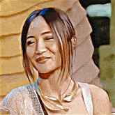 a painting of a woman wearing a gold necklace and a white tank top