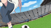 a girl kicking a soccer ball in front of a stadium that says bakugan 1