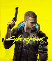 a man is holding a gun in front of a yellow background that says cyberpunk