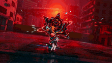 a person is flying through the air with a sword in their hand .