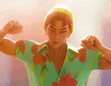 a cartoon character is flexing his muscles and wearing a green shirt with flowers on it