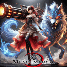 a woman in a red dress is holding a cannon next to a wolf with museum bola written on it