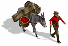 a man walking next to a donkey carrying barrels