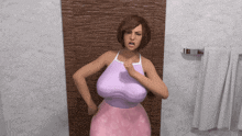 a woman in a pink dress is standing in front of a door
