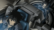 two anime characters are sitting in a machine and one of them has the letter e on his chest