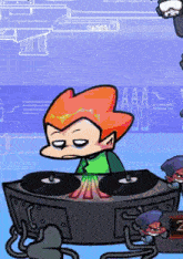 a cartoon character named pico is sitting at a turntable